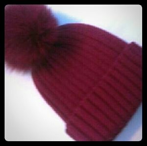 Burgundy Warm winter hat SUPER SOFT fur pom pom