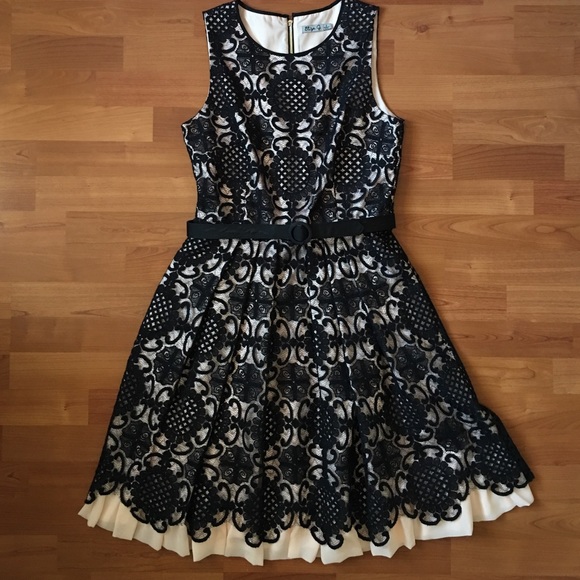 Eliza J Dresses & Skirts - ELIZA J Black Pink Lace Fit Flare Dress w/ Belt