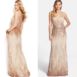 Adrianna Papell gold sequin bridesmaid dress