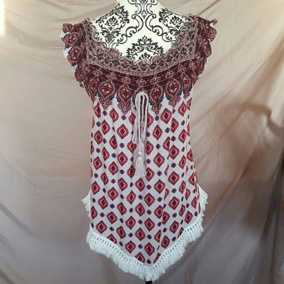 LA Hearts Tops - Ethnic Print Boho Fringe Top