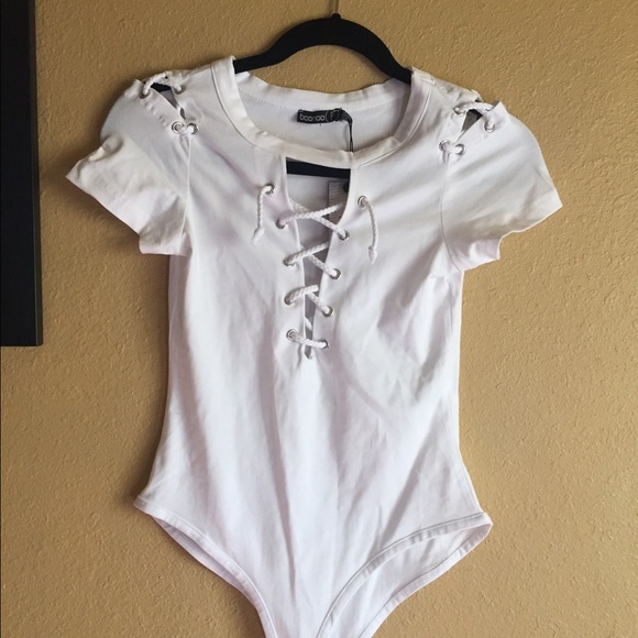Boohoo White lace up bodysuit (petite)