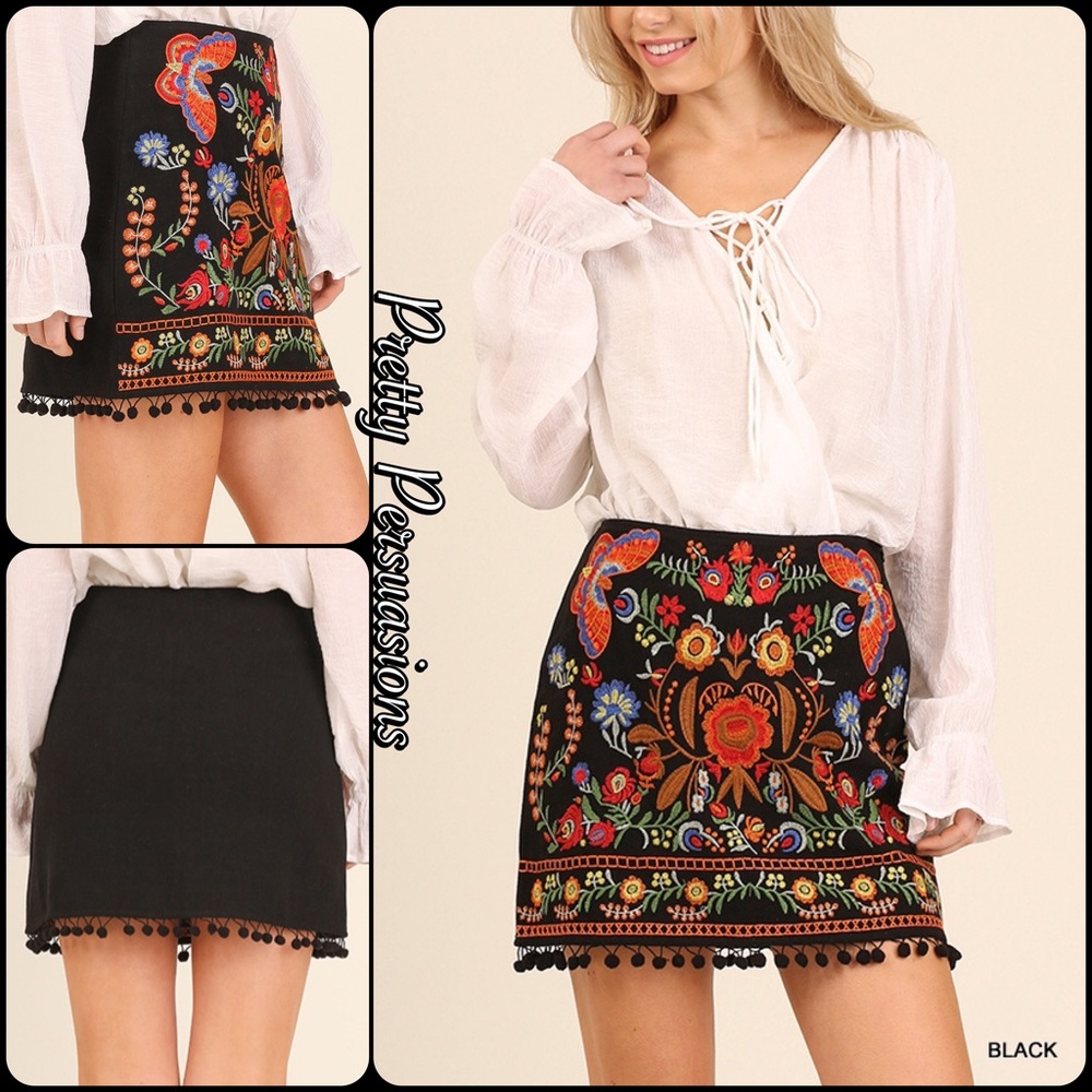 SOLD ‼️Black Embroidered Pom Pom Boho Mini Skirt - Picture 5 of 8