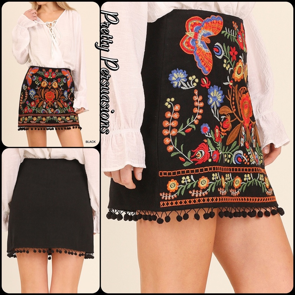 SOLD ‼️Black Embroidered Pom Pom Boho Mini Skirt - Picture 6 of 8