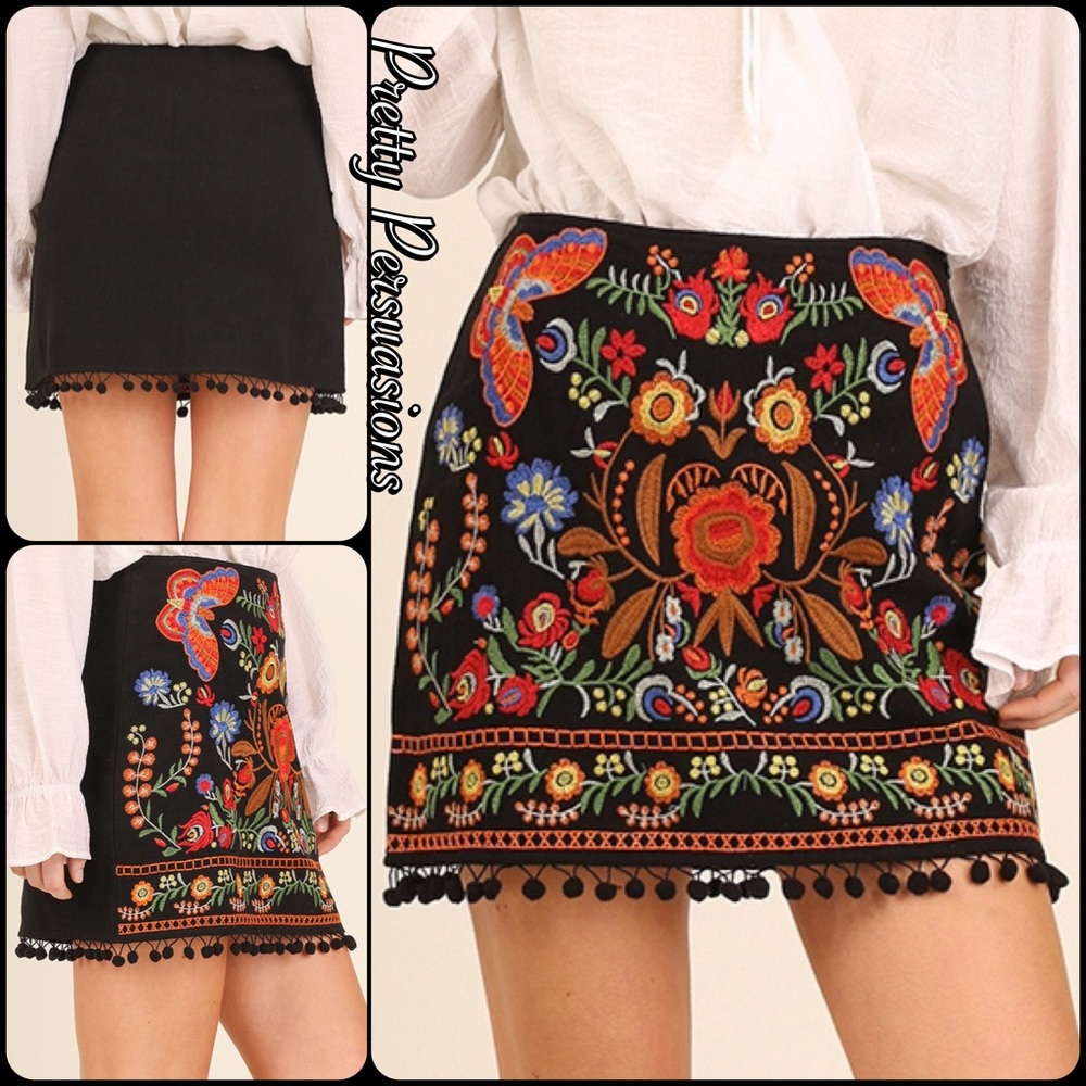 SOLD ‼️Black Embroidered Pom Pom Boho Mini Skirt - Picture 8 of 8