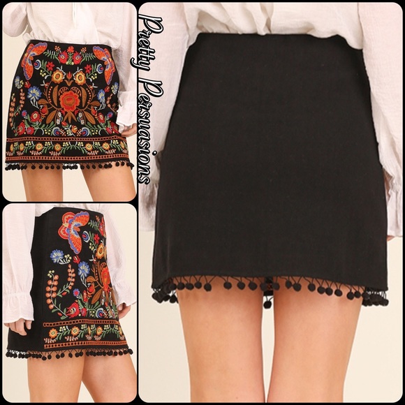 SOLD ‼️Black Embroidered Pom Pom Boho Mini Skirt - Picture 7 of 8