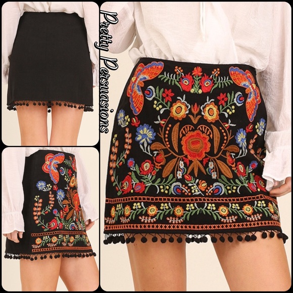 SOLD ‼️Black Embroidered Pom Pom Boho Mini Skirt - Picture 8 of 8