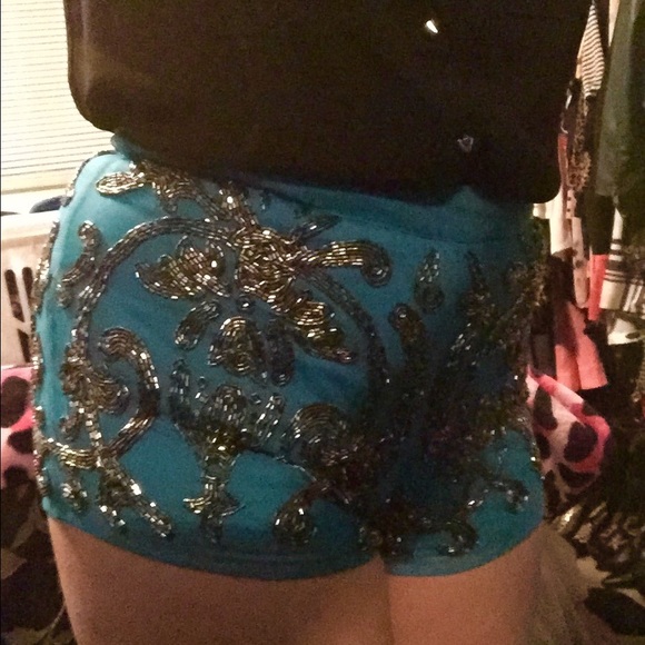 ASOS Pants - ASOS Teal Blue Embellished Sequin Mesh Hot Pants 4