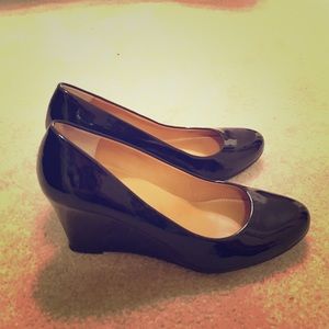J Crew Patent black wedge heels