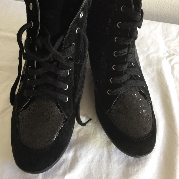 Shoes - BLACK SEQUIN WEDGE ANKLE BOOTIES