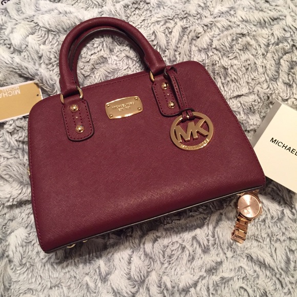 SOLD Michael Kors Saffiano Small Satchel in Merlot - Picture 2 of 4