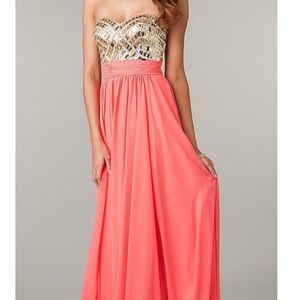 Coral and gold prom dress