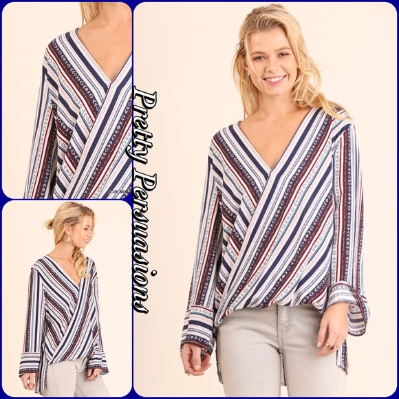 Striped Plunging Surplice Long Slv Top - Picture 2 of 7