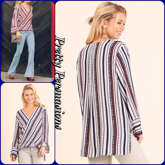 Striped Plunging Surplice Long Slv Top - Picture 3 of 7