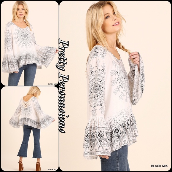 SOLD OUT Bell Sleeve Boho Flowy Printed Top - Picture 3 of 4