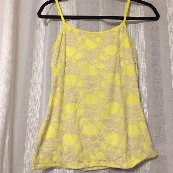 Express yellow tank top with cream colored lace
