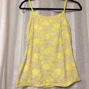 Express yellow tank top with cream colored lace