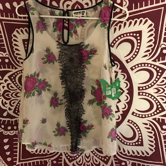 Lace and chiffon printed tank