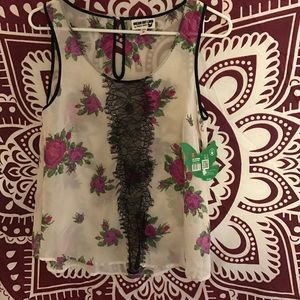 Lace and chiffon printed tank