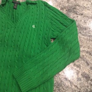 Kelly Green Cable Knit V-Neck Ralph Lauren Sweater