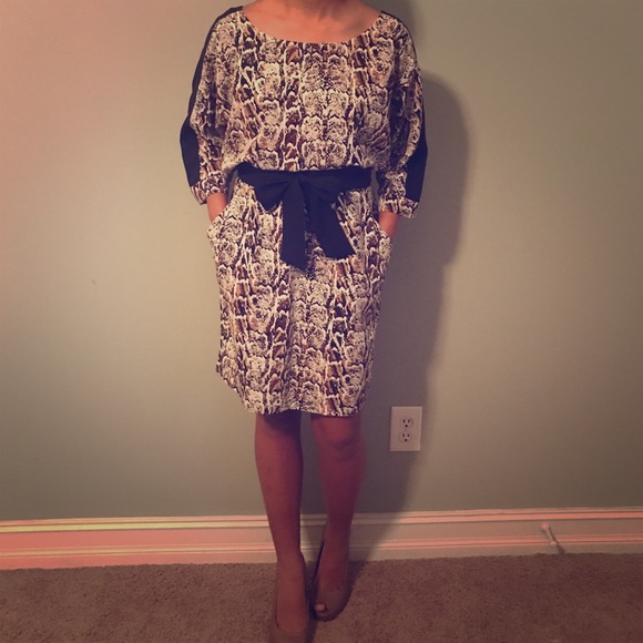 python patterned dress with black tie belt