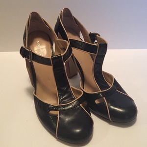 Black and tan T strap heels