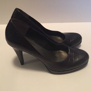 Black croc-embossed leather heels