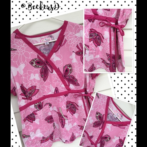 Koi Scrub Top Sz XL Katherine Pink Butterfly Print