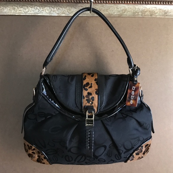 bebe bag Logo fabric hair-on cheetah print trim
