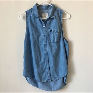 Denim sleeveless button down, silver polka dot