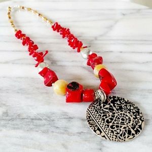Chunky Coral Filigree Ooak Long Necklace