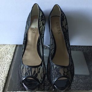 Guess Black Patent Leather & Lace Platform Pumps