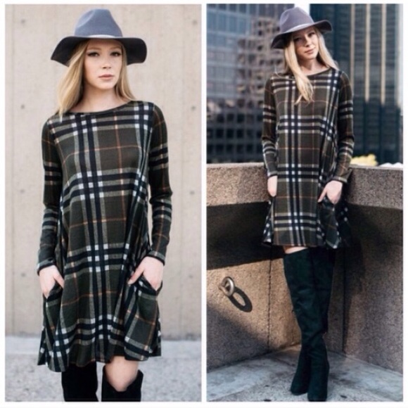 Dresses & Skirts - Olive Plaid Check Loose Flowy Fall Dress Tunic