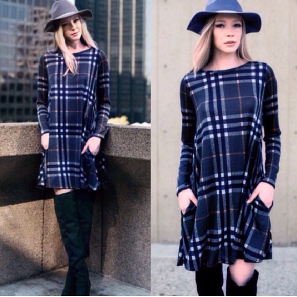 Olive Plaid Check Loose Flowy Fall Dress Tunic - Picture 2 of 5