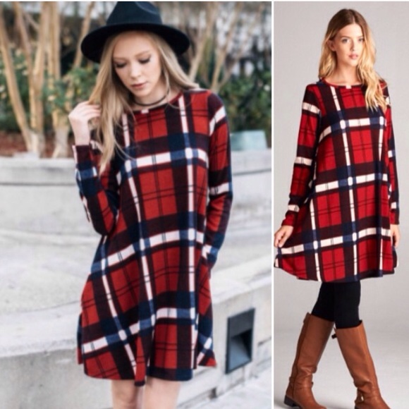 Olive Plaid Check Loose Flowy Fall Dress Tunic - Picture 4 of 5