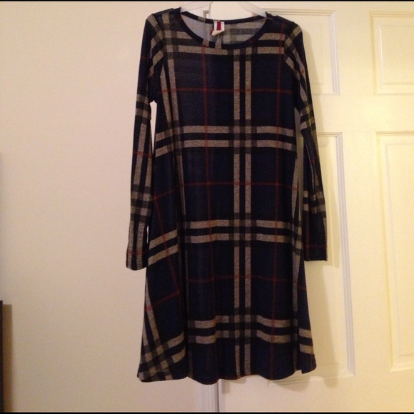 Olive Plaid Check Loose Flowy Fall Dress Tunic - Picture 5 of 5