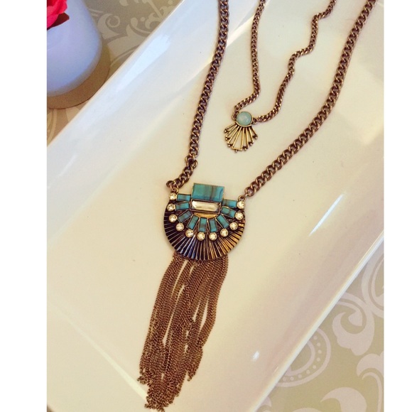 Faux Turquoise Layered Fringe Necklace