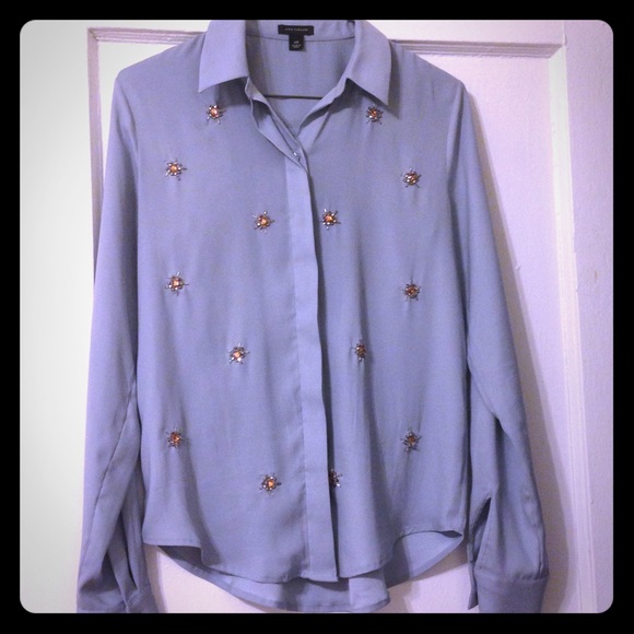 Ann Taylor dusk- blue starburst blouse with gems.