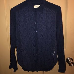 Hollister Navy button down lace shirt