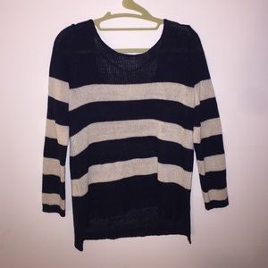 Navy and white knitted sweater with low back