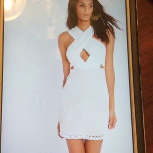 Premium cross front lace bodycon dress white