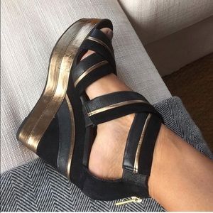 Coach black suede and gold platforms