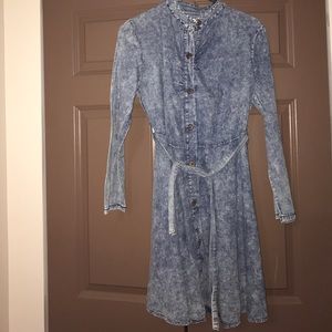 Belted Long Sleeve Baby Doll Styled Jean Dress