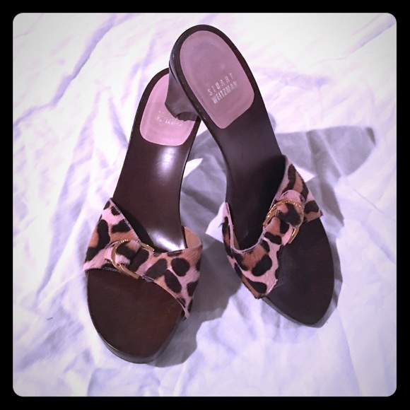 Stuart Weitzman pale pink cow print slip on heels