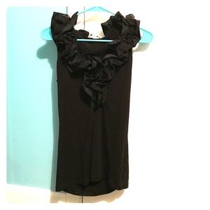 Black, ruffled-neck sleeveless shirt