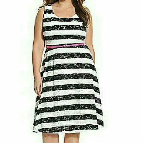 Lane Bryant black white striped dress lace overlay
