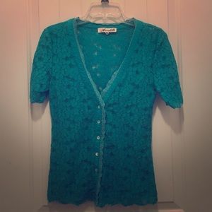 Turquoise button up lace top.
