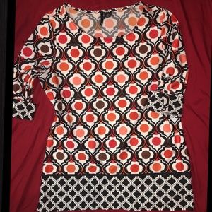 3/4 sleeve tunic- black,orange, brown, white. EUC