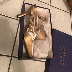 Stuart Weitzman gold satin heels