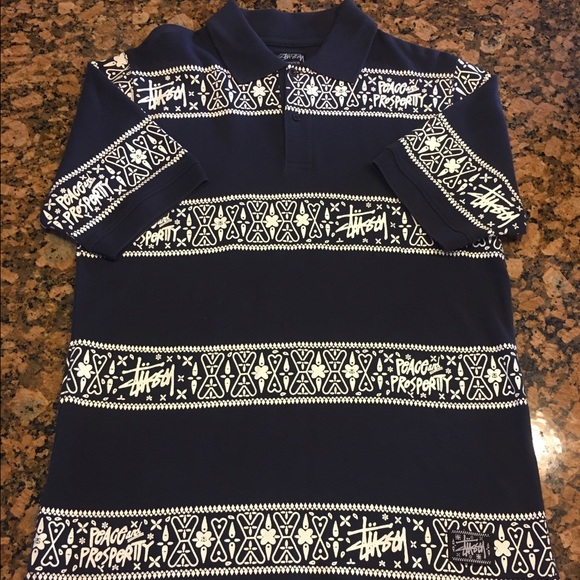 PEACE&PROSPERITY STUSSY COLLAR SHIRT, NAVY BLUE