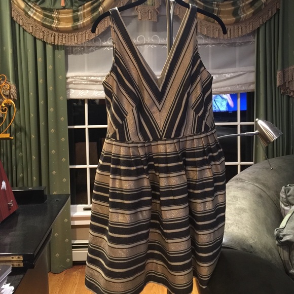 J. crew flare dress w/V neck and gold/navy stripes